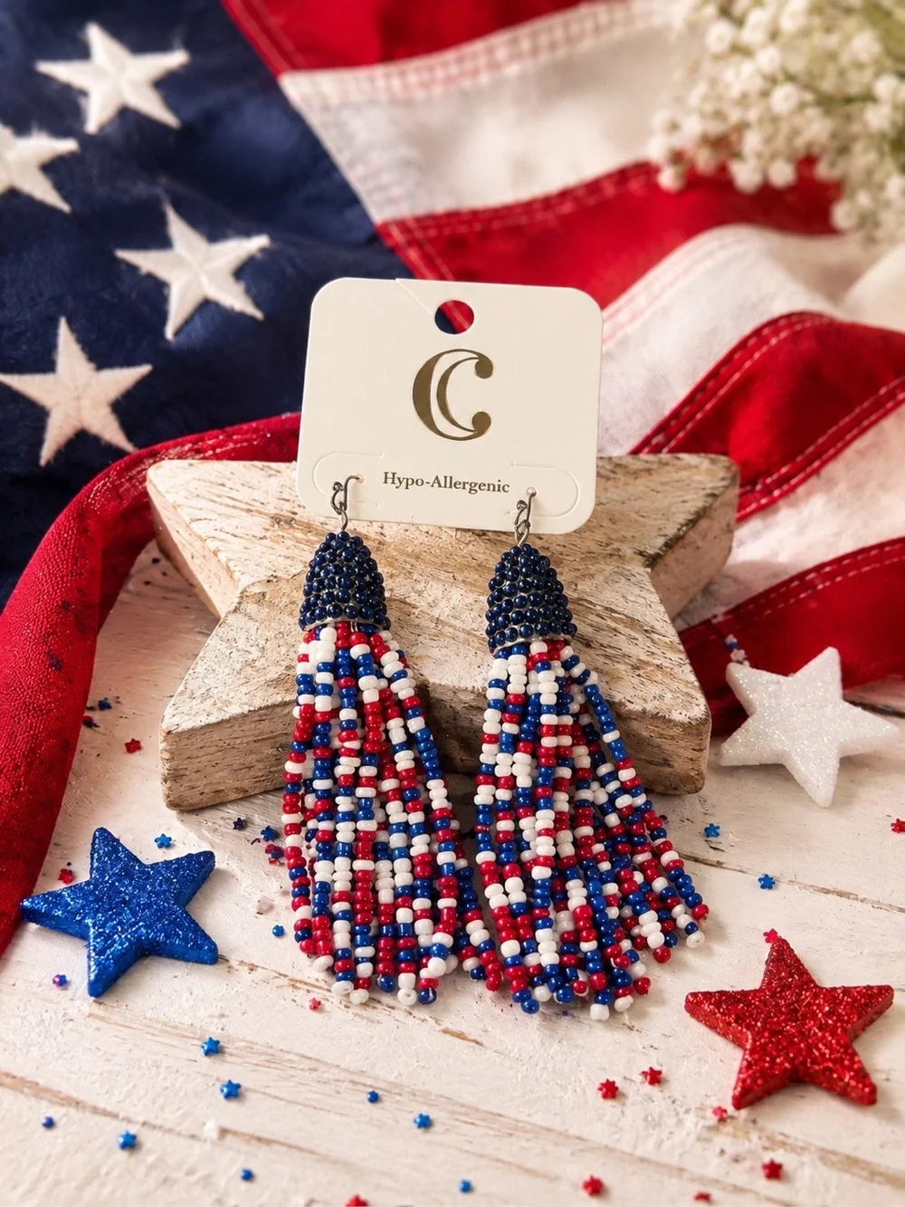 C Red White and Blue Beaded Tassel Earrings